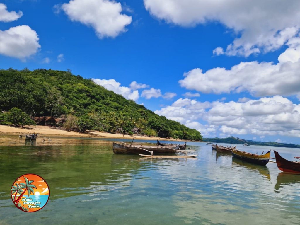 Wooden pirogues moored in a sheltered bay beneath a steep forested hill